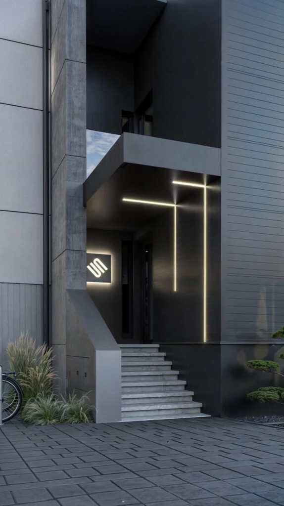 Visualisierung der modernen Fassade eines Geschäftsgebäudes, Düsseldorf, Deutschland.