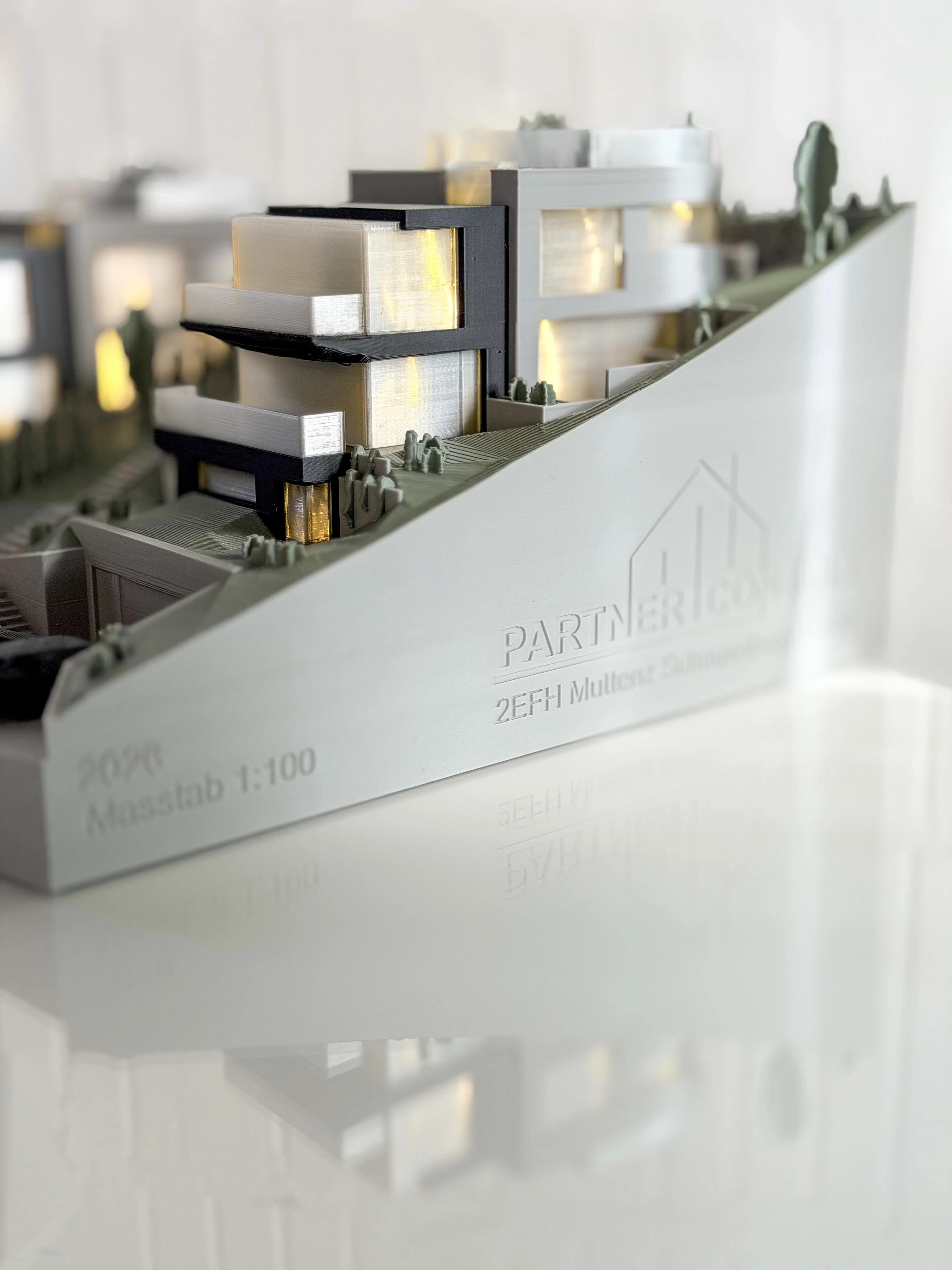 Architekturmodell aus dem 3D-Druck: Fassadendetail mit LED-Beleuchtung