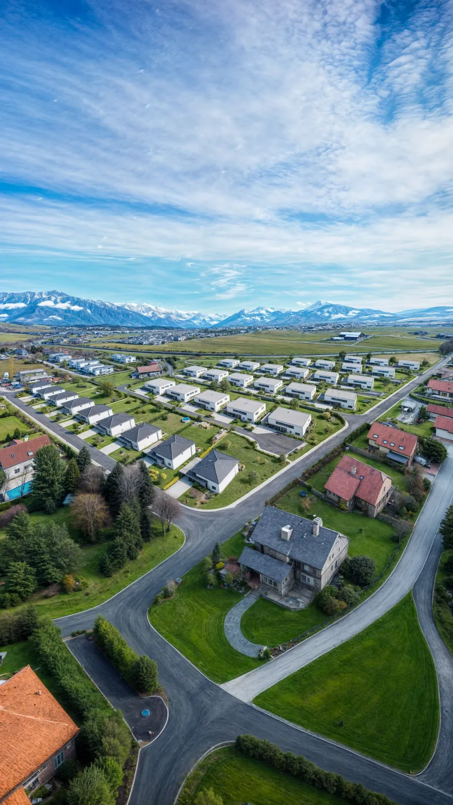 Siedlungsvisualisierung aus der Vogelperspektive, Hauskomplex in Bulle, Schweiz, vor Bergkulisse