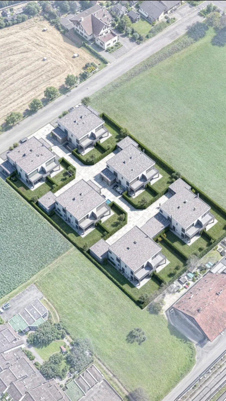 Masterplan aus der Luft: Siedlung mit 6 Doppelhäusern in Itingen, Schweiz
