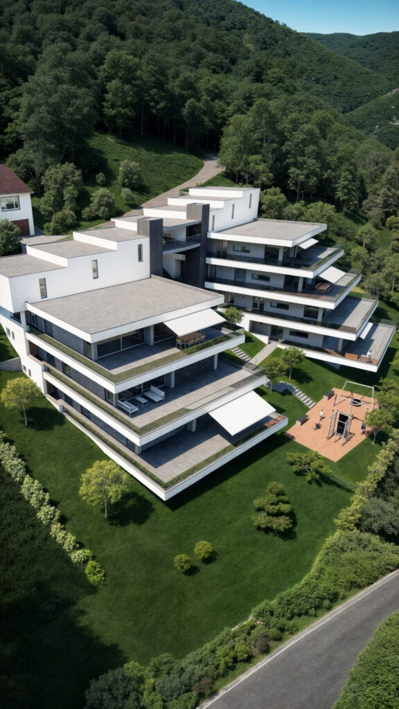 Terrassenwohnungen am Hang in Rümlingen, Schweiz, aus der Vogelperspektive