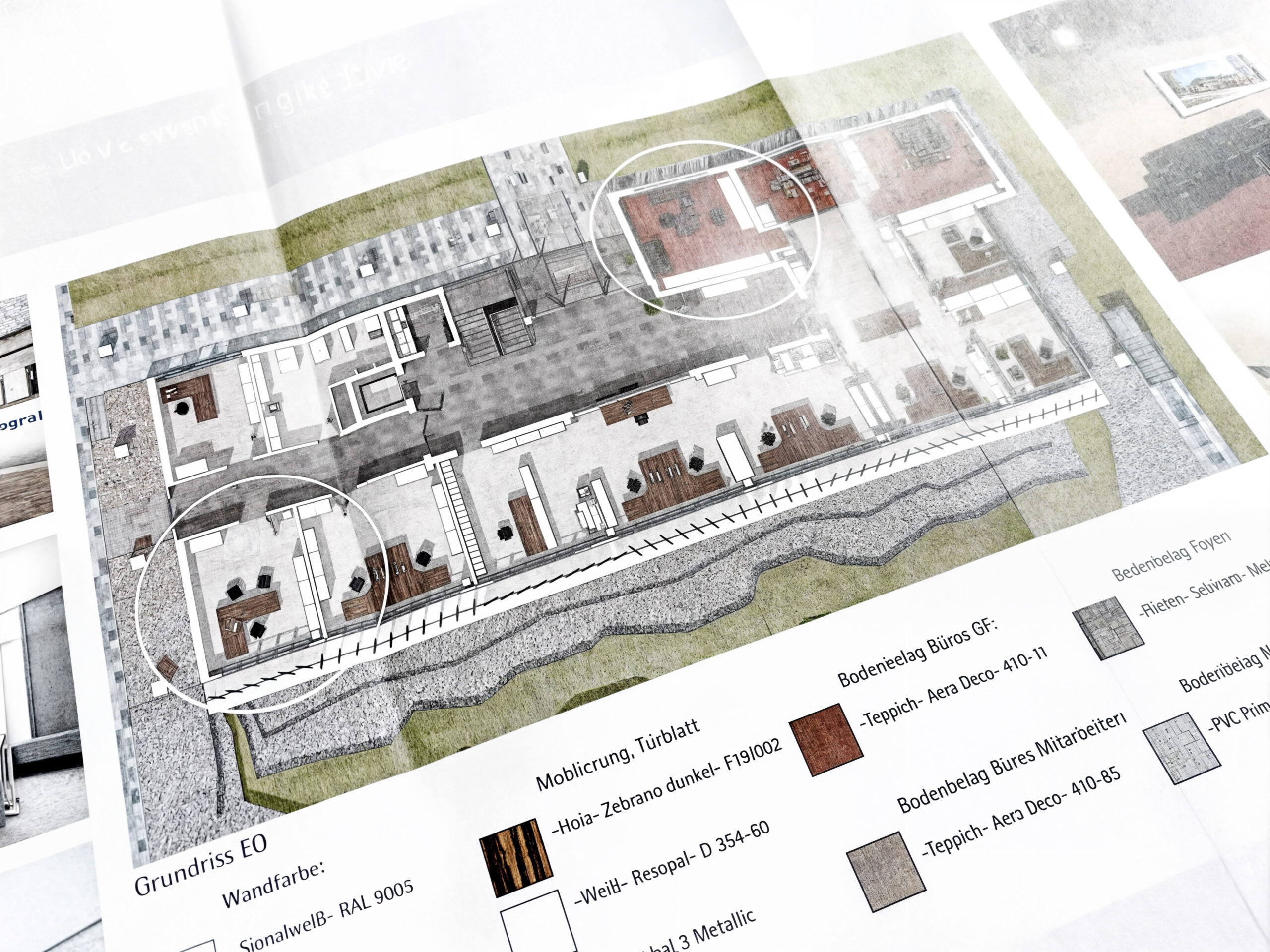 Das Materialkonzept eines Architekturprojekts wird in Form einer 3D-Grundrissvisualisierung unter Verwendung moderner Baumaterialien dargestellt.